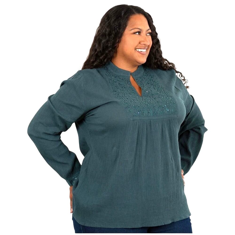 Greater Good Gemstone Colors Hand Beaded Tuxedo Tunic Long Sleeve Green 3X Boho